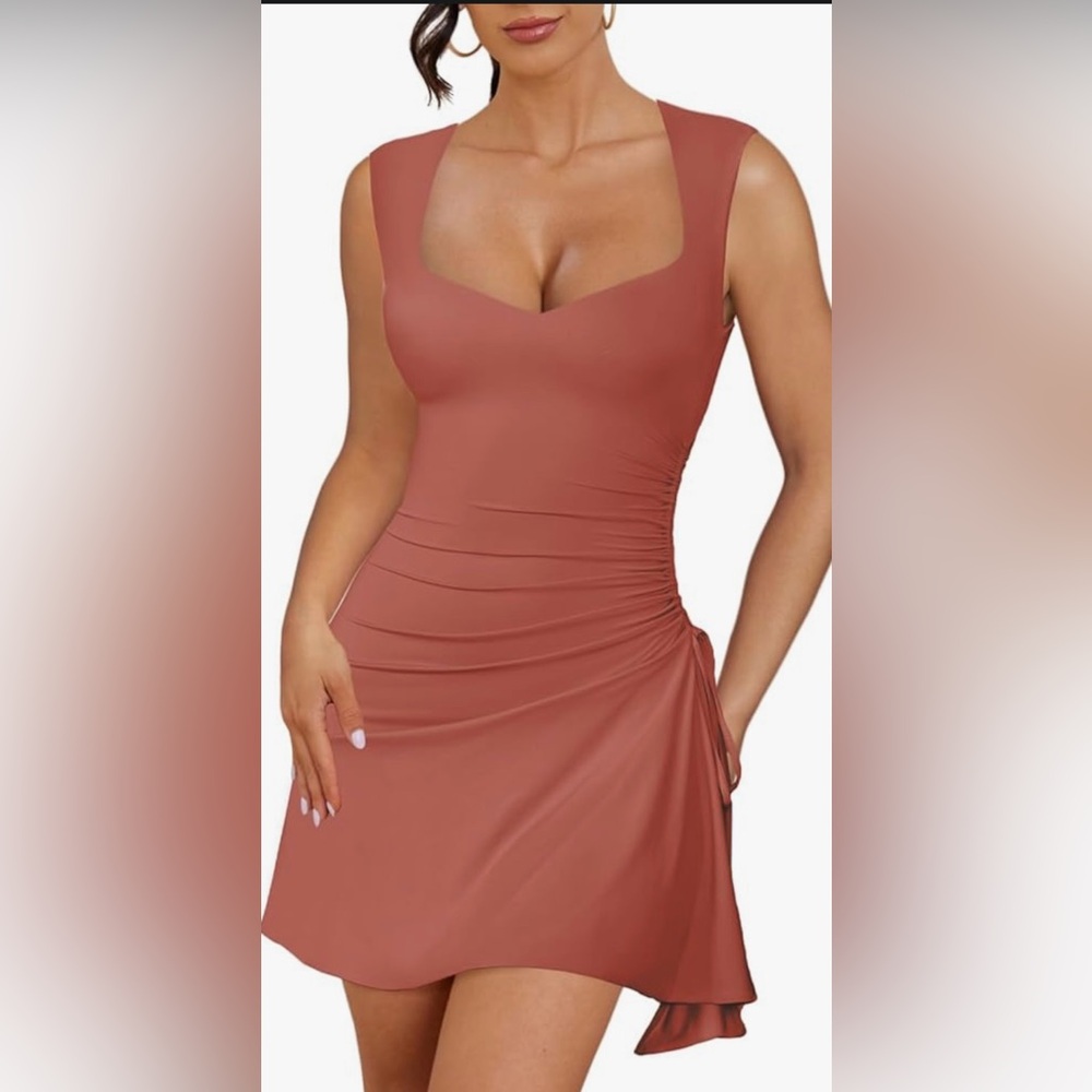 NWOT Lrady Square Neck Bodycon Sleeveless Side Drawstring Flare Mini Dress